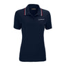 The Boeing Americana Women’s Performance Polo by BOEING features moisture-wicking fabric, a red, white, and blue striped collar, and a classic white Boeing logo on the left chest.