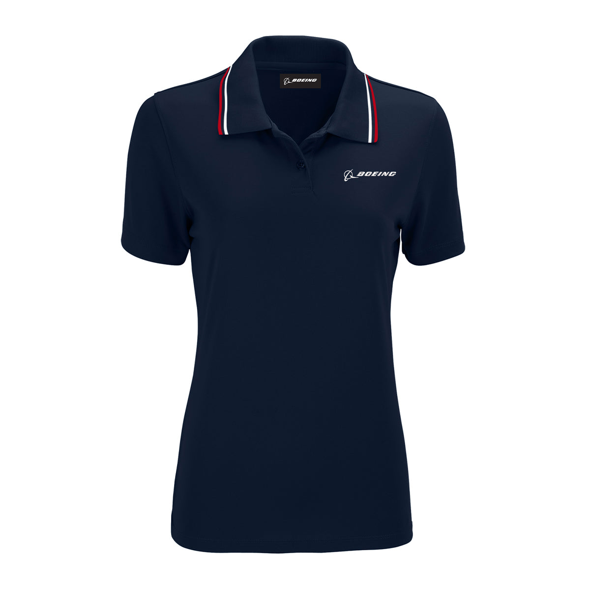 The Boeing Americana Women’s Performance Polo by BOEING features moisture-wicking fabric, a red, white, and blue striped collar, and a classic white Boeing logo on the left chest.