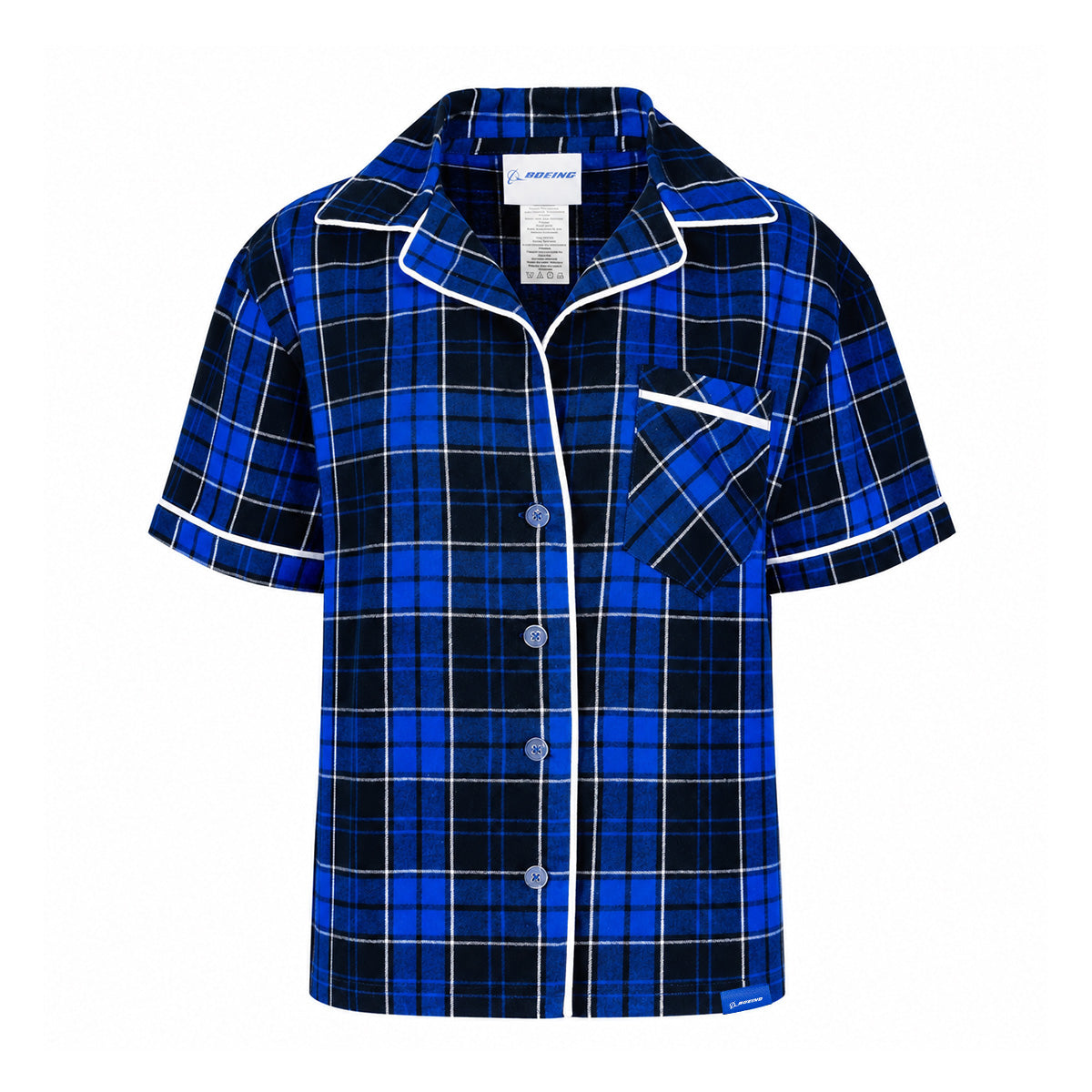 A blue and black Boeing 2026 Jet Snowflake Women’s Flannel Pajama Top featuring short sleeves, white piping, a button-down front, and a single angled chest pocket.