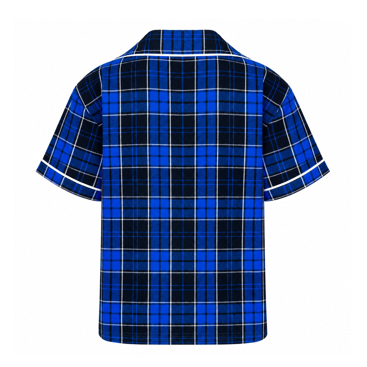 Rear view of the Boeing 2026 Jet Snowflake Women’s Flannel Pajama Top by BOEING, featuring a short-sleeve design in blue, black, and white Boeing tartan plaid, accented with white piping along the sleeves and collar.