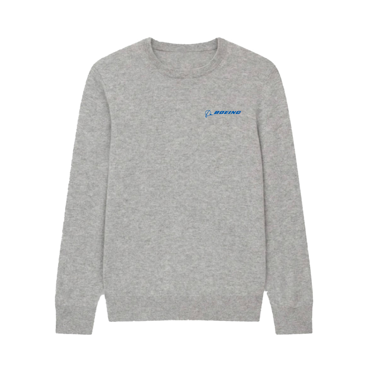 The Boeing Signature Women’s Cashmere Sweater by BOEING is a light gray luxury cashmere crewneck with long sleeves and features a small blue Boeing logo on the upper left chest.