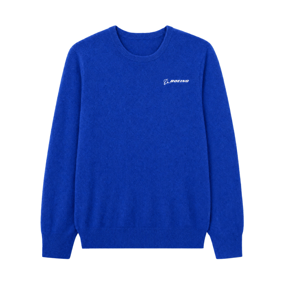 Experience luxurious comfort with the Boeing Signature Women’s Cashmere Sweater by BOEING. This bright blue crewneck sweater features long sleeves, a refined ribbed hem and cuffs, and is elegantly finished with a small white Boeing logo on the upper left chest.