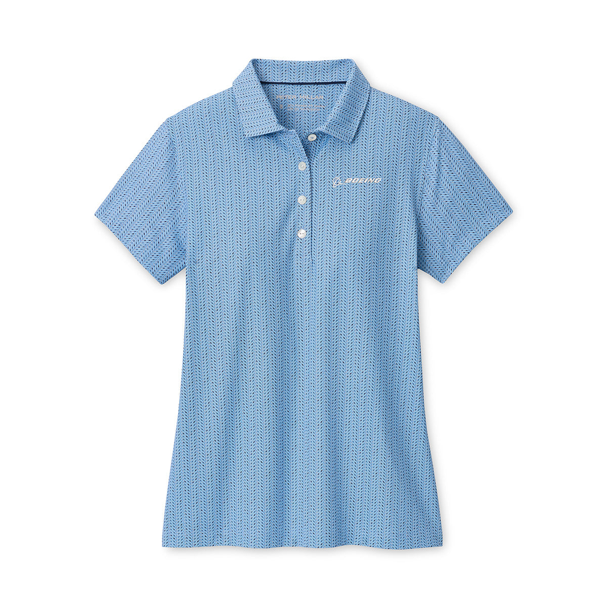 Elevate your wardrobe with the Peter Millar Boeing Women’s Herringbone Performance Polo. This light blue polo shirt features a subtle herringbone pattern, short sleeves, a classic collar, and three white buttons. "Boeing" is embroidered in white on the left chest. Designed for comfort and performance throughout the day, it is crafted from four-way stretch, moisture-wicking fabric.