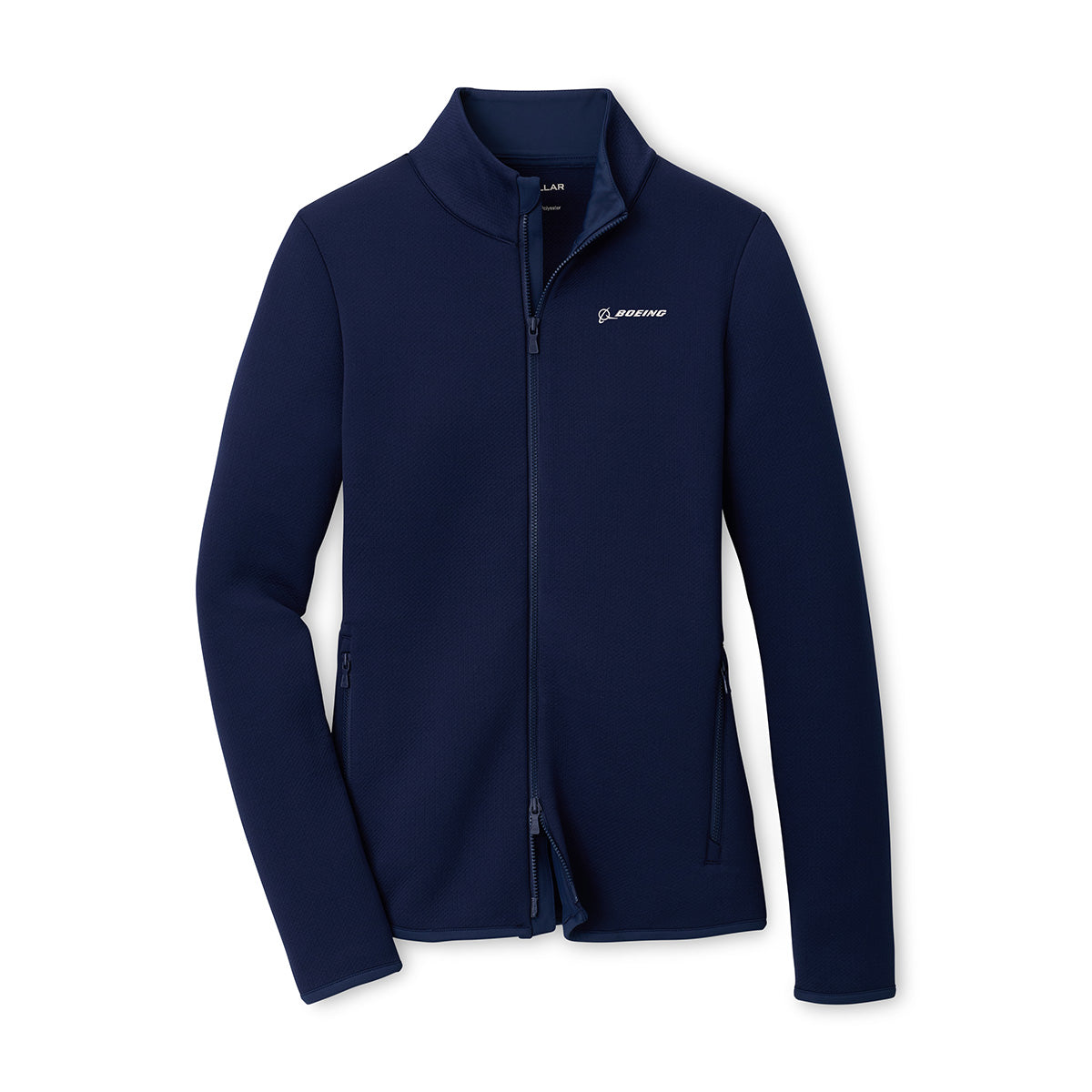 The Peter Millar Boeing Women’s Lumi-Knit Full-Zip by BOEING is a navy blue performance jacket featuring a stand collar and zippered pockets, with a small white Boeing logo on the left chest. Designed with four-way stretch for comfort and mobility, the jacket is displayed laid flat on a white background.