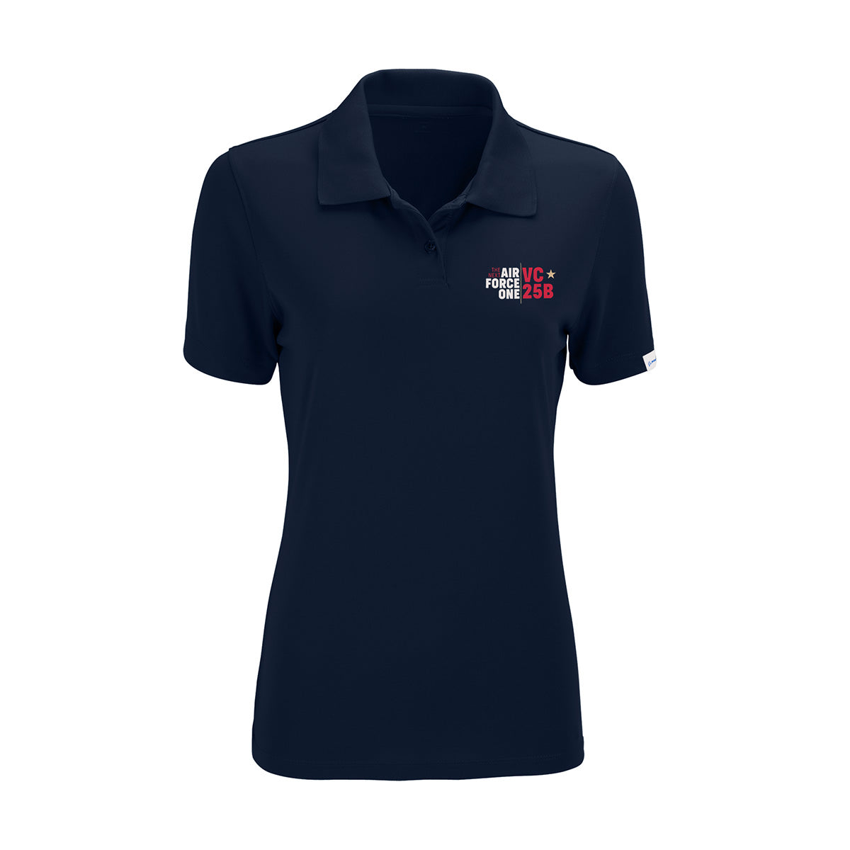 The Boeing VC-25B Women’s Performance Polo by BOEING features navy blue moisture-wicking fabric to keep you cool and comfortable all day, with "AIR FORCE ONE VC-25B" embroidered in white and red on the left chest.