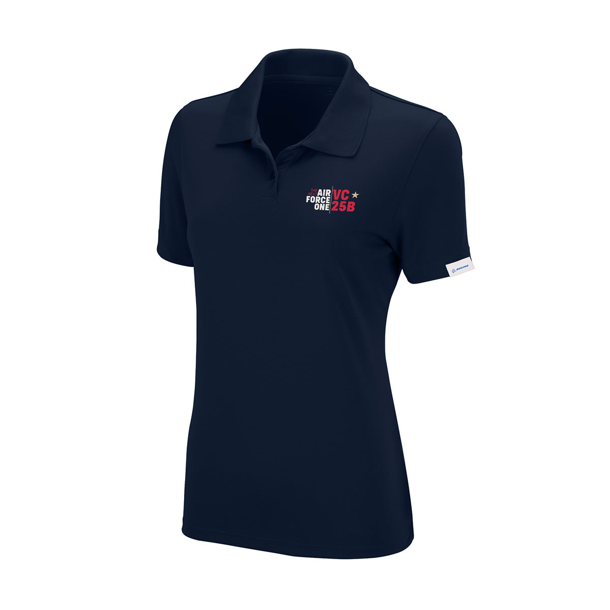 Introducing the Boeing VC-25B Women’s Performance Polo by BOEING—crafted from moisture-wicking fabric for all-day comfort. This navy blue polo features a small logo on the left chest that reads “AIR FORCE ONE VC-25B” in bold red and white lettering and includes a distinctive white tag on the left sleeve—a subtle, stylish tribute to Boeing's iconic aircraft.
