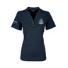 Introducing the Boeing St. Louis Fighterland Women’s Polo by BOEING: a navy blue short-sleeve polo shirt featuring a partial button placket, the Boeing logo on the right sleeve, and a white crew mission emblem on the left chest.