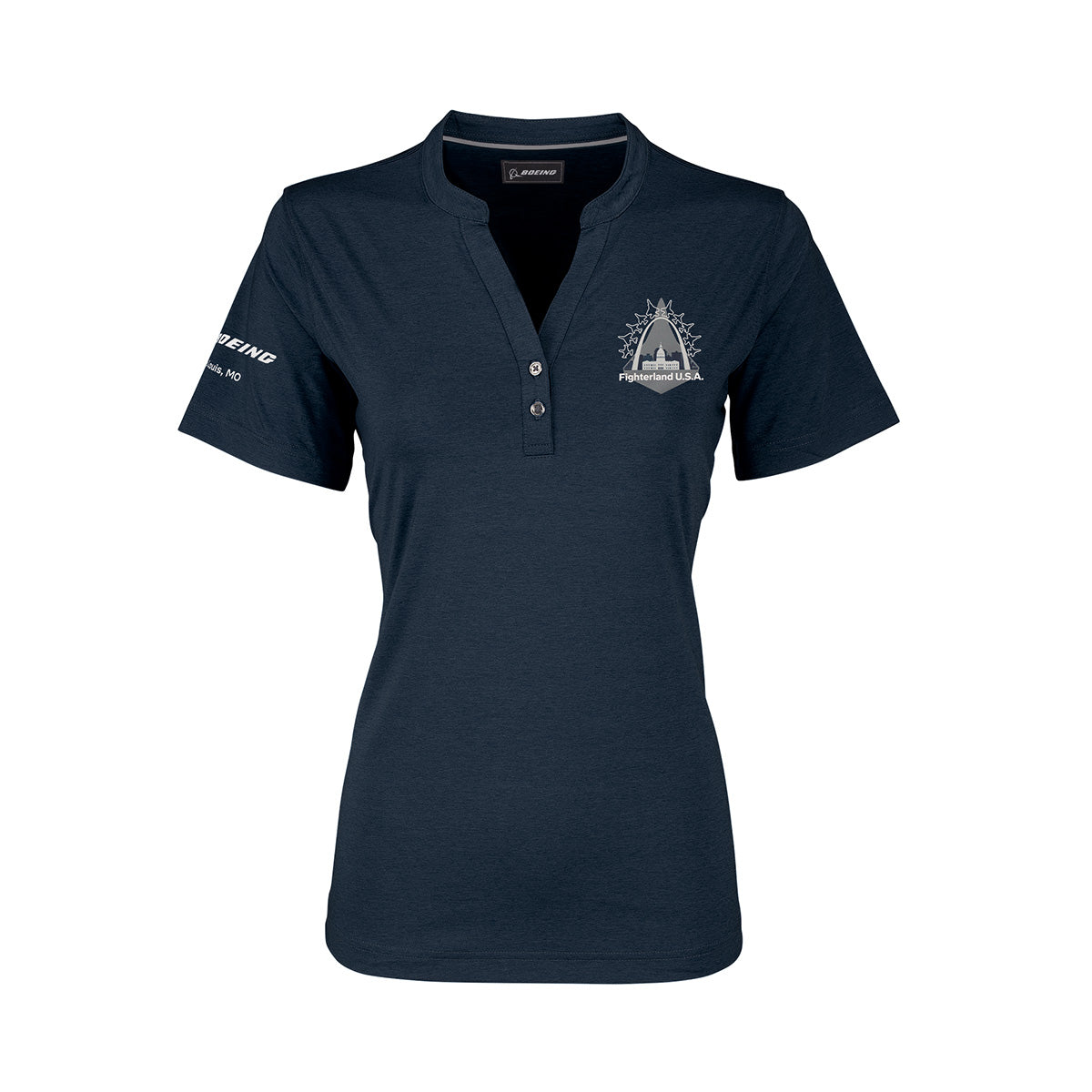 Introducing the Boeing St. Louis Fighterland Women’s Polo by BOEING: a navy blue short-sleeve polo shirt featuring a partial button placket, the Boeing logo on the right sleeve, and a white crew mission emblem on the left chest.