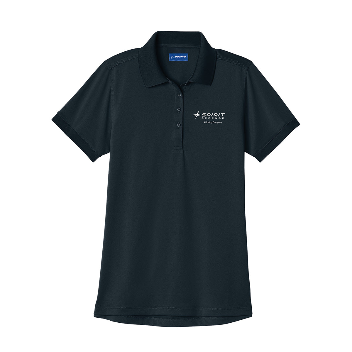 The Boeing Spirit Defense Women’s Polo by BOEING is a black, short-sleeve polo featuring a snag-proof design with a collared neckline and buttons. It displays the Boeing logo on the inside collar and the Spirit AeroSystems logo on the left chest, combining durability and style for everyday wear.