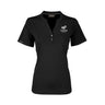 Introducing the Boeing Phantom Works Women’s Pro Polo by BOEING—a black, short-sleeve classic-fit polo crafted from a comfortable spandex blend for style and flexibility. This shirt features three buttons, a discreet Boeing logo on the left sleeve, and a distinctive Phantom Works logo with aircraft graphic on the left chest.