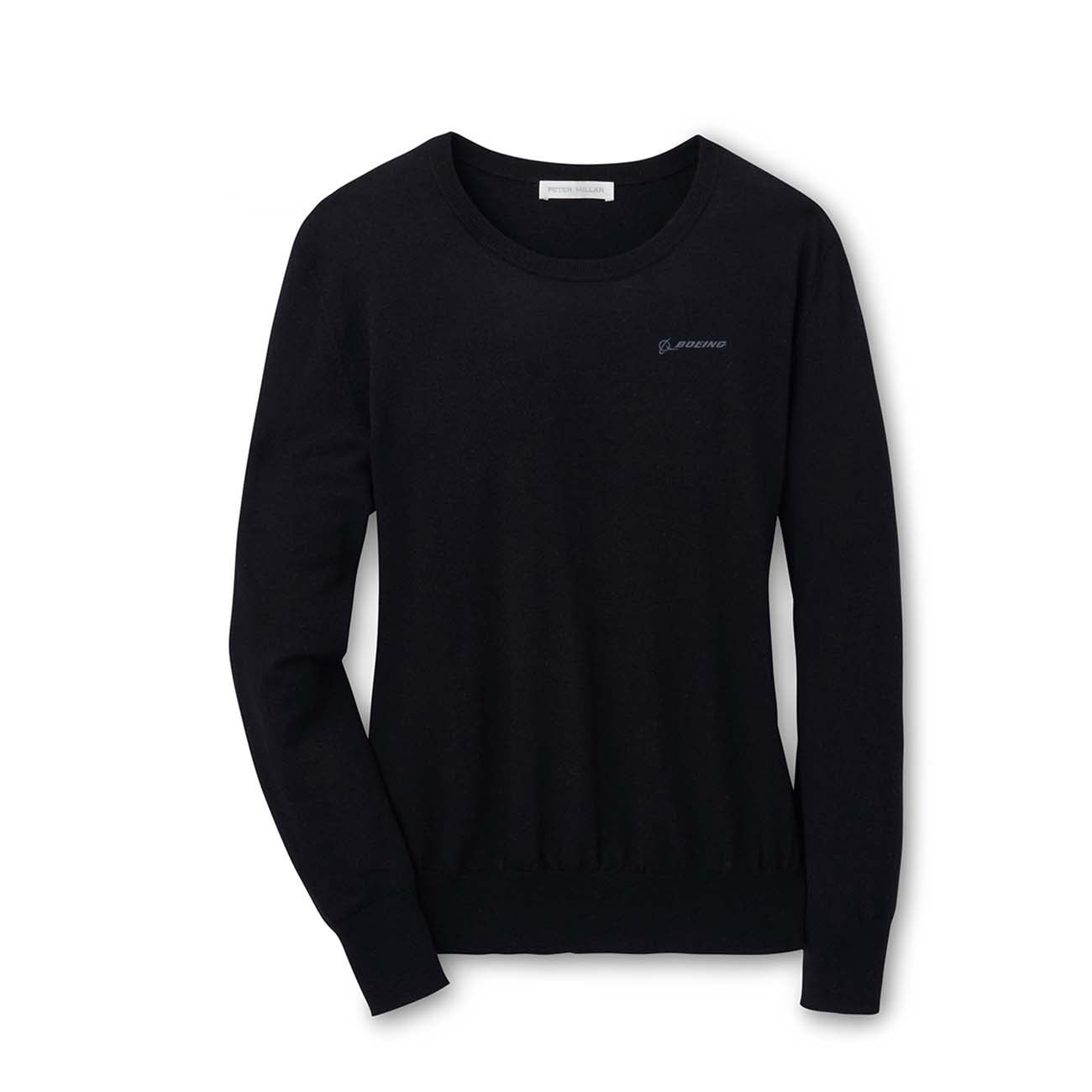The Peter Millar Boeing Womens Excursionist Flex Crew by The Boeing Store is a black cashmere long-sleeve sweater with a round neckline and a subtle embroidered logo on the upper left chest, offering luxury knit comfort.