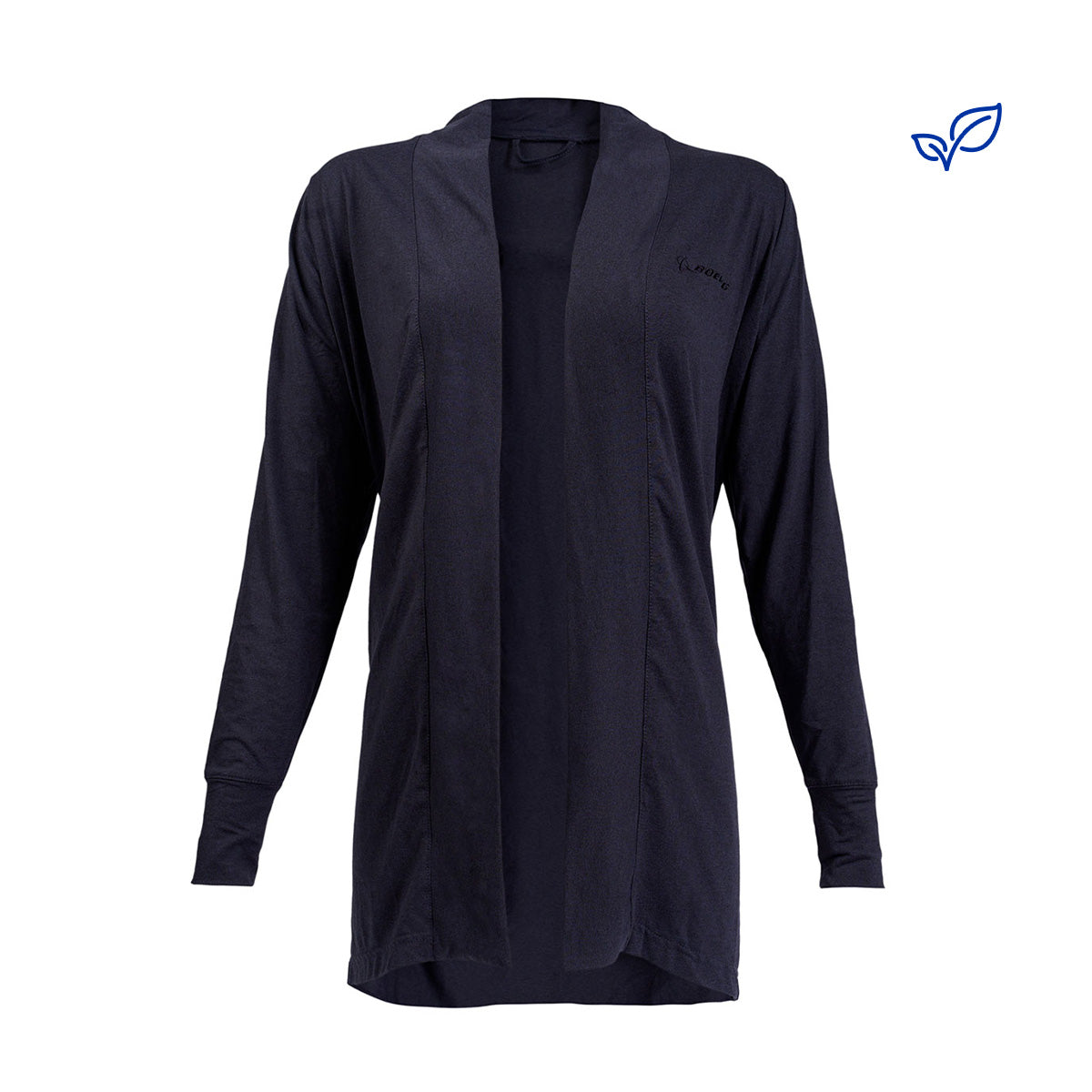 Explore The Boeing Stores Boeing Womens Eco-Friendly Grace Flow Cardigan in dark navy. This sustainable piece features long sleeves, an open front design, and is adorned with subtle logos for fashion-conscious enthusiasts.