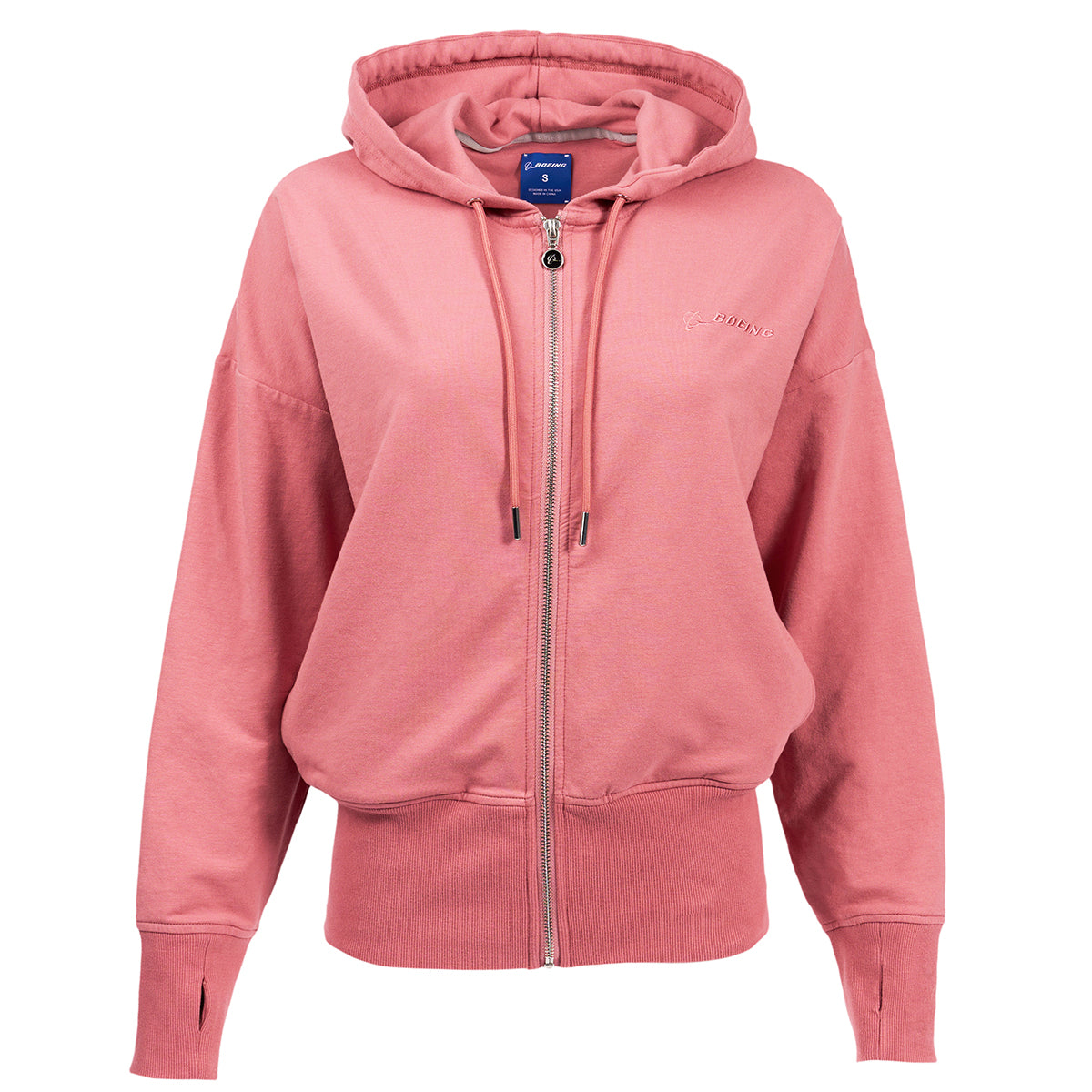 Full product image on a bust in the Dusty Rose color.  Features full-zip, thumb holes in both arm cuffs, Boeing logo embroidered on left chest.