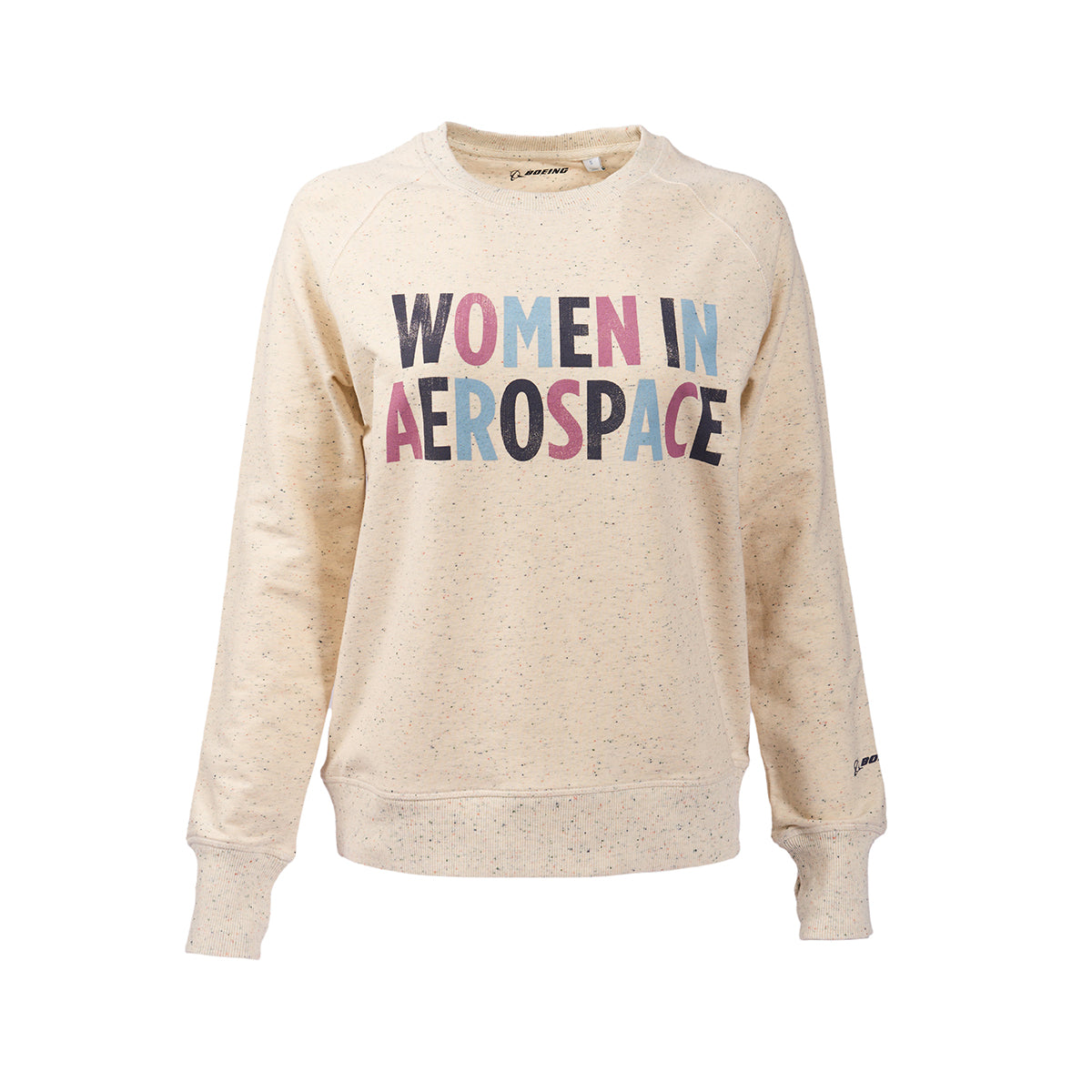 The Boeing Women In Aerospace Womens Crewneck Sweatshirt features a cream-colored, speckled design with WOMEN IN AEROSPACE in bold, multicolored letters, promoting industry equality.