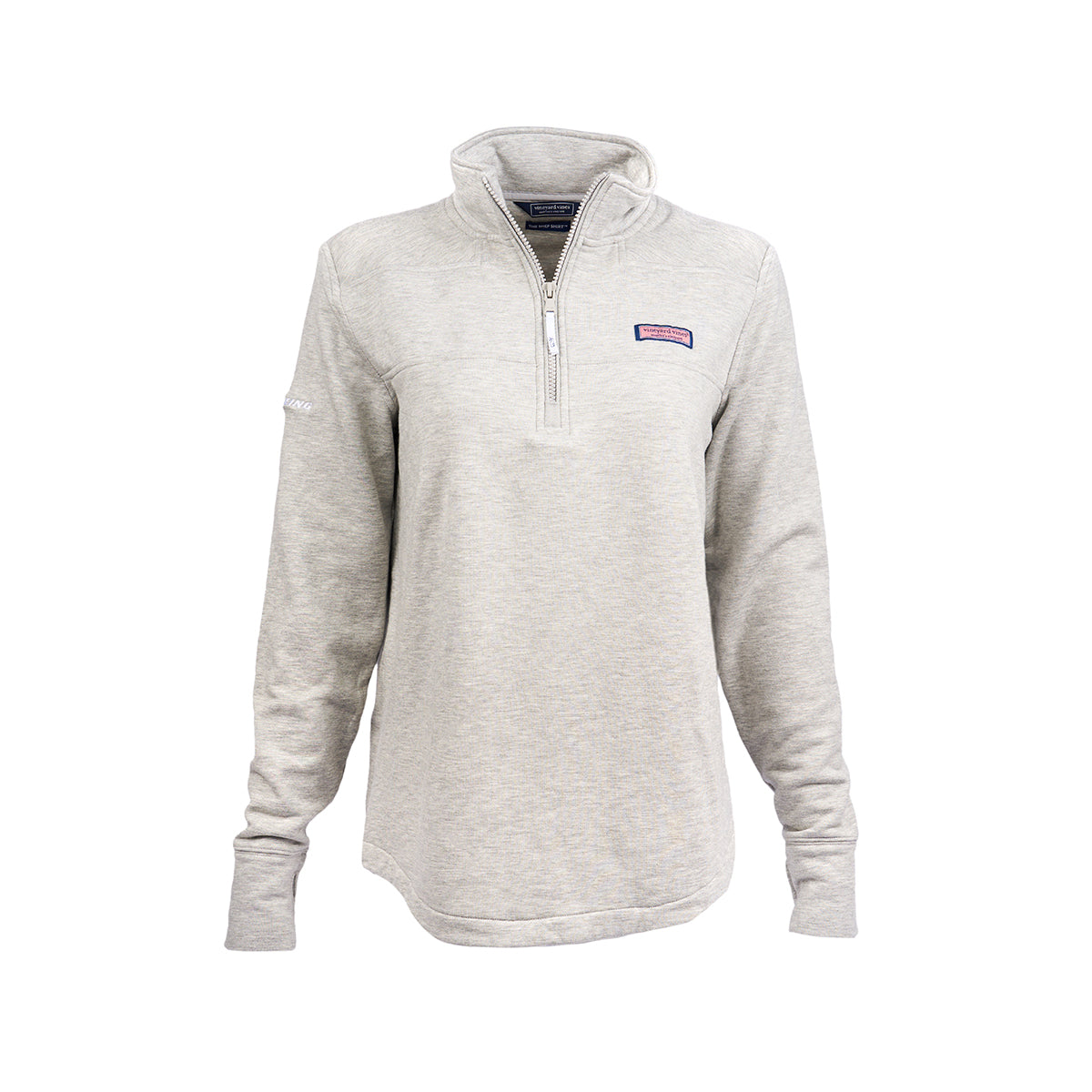 Full product image of the quarter-zip in a light grey color. Vineyard Vine box logo on left chest. Navy Boeing signature logo on right sleeve.
