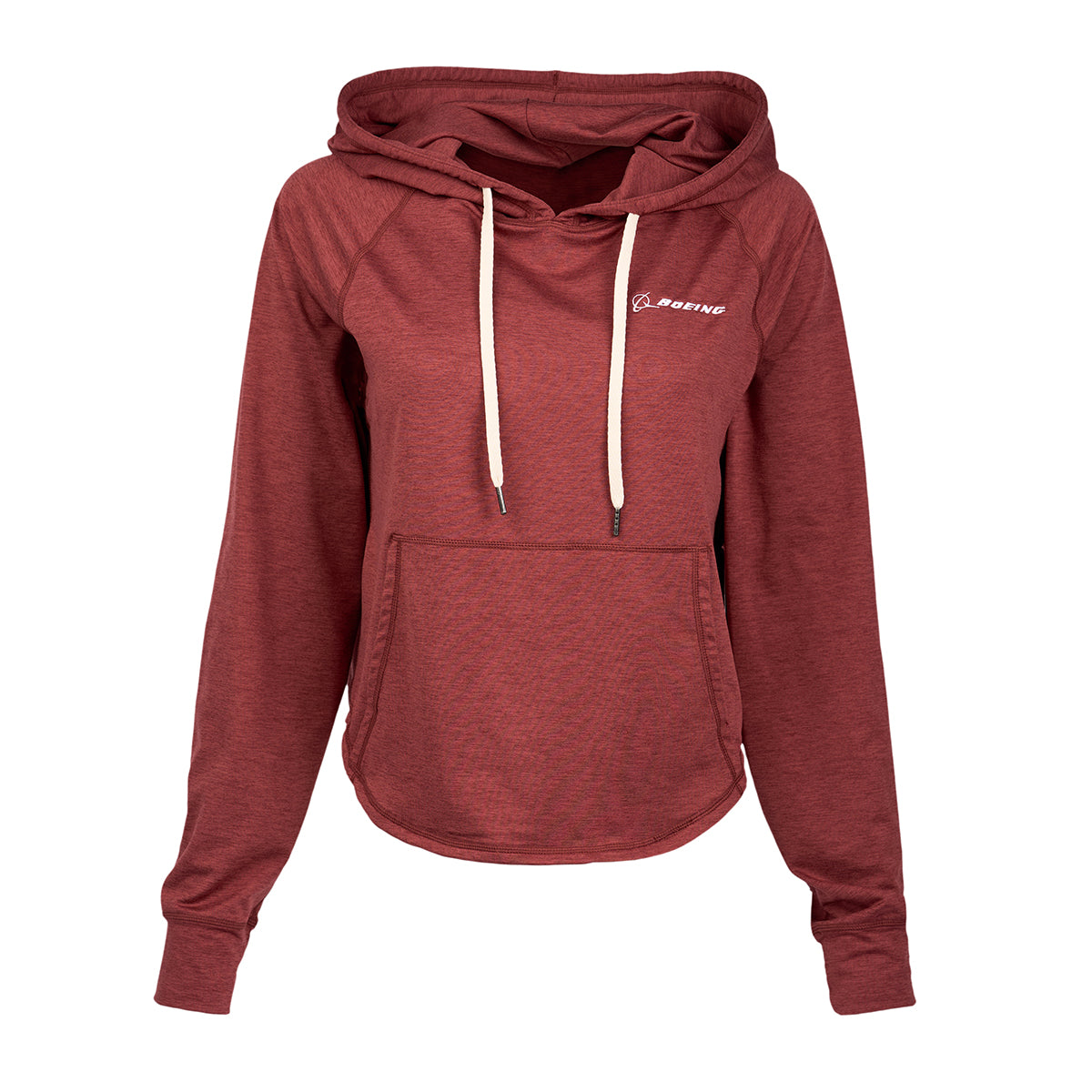 The Glyder Boeing Women's Rocky Hoodie in maroon is crafted from MARBLE DYE fabric, showcasing white drawstrings, a front pocket, and the Boeing logo on the left chest, displayed against a white background.