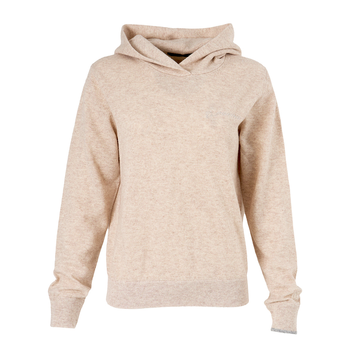 The Boeing Greyson Boeing Women’s Classic Koko Hoodie features a beige color, modern boxy silhouette, long sleeves, ribbed cuffs and hem, and a relaxed fit. Displayed on a white background, it looks soft and casual.