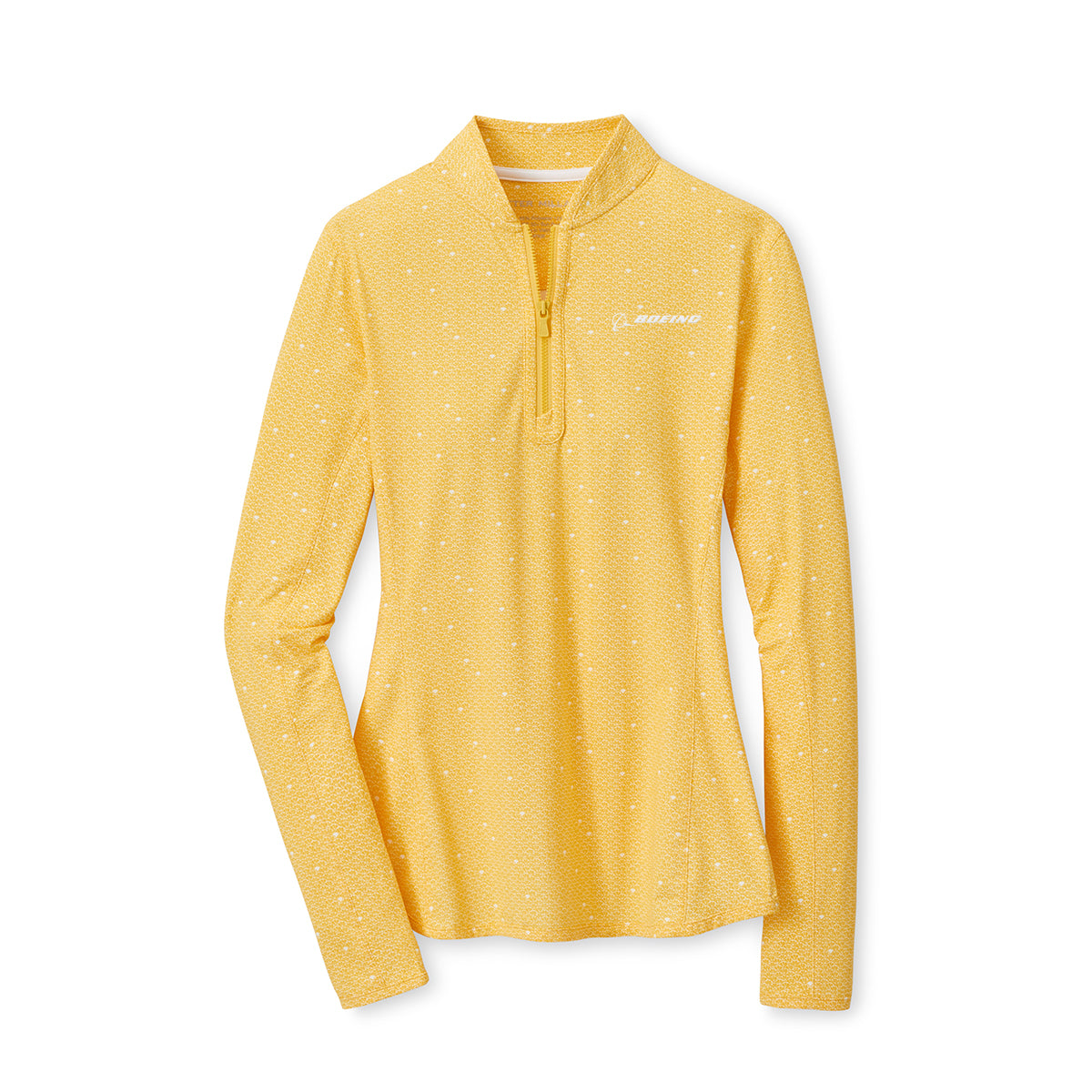 The Peter Millar Boeing Womens Sunkissed Sun Shirt by BOEING is a yellow long-sleeve top featuring a subtle white dot pattern, quarter-zip front, UPF 50+ protection, and an embroidered white logo on the left chest.