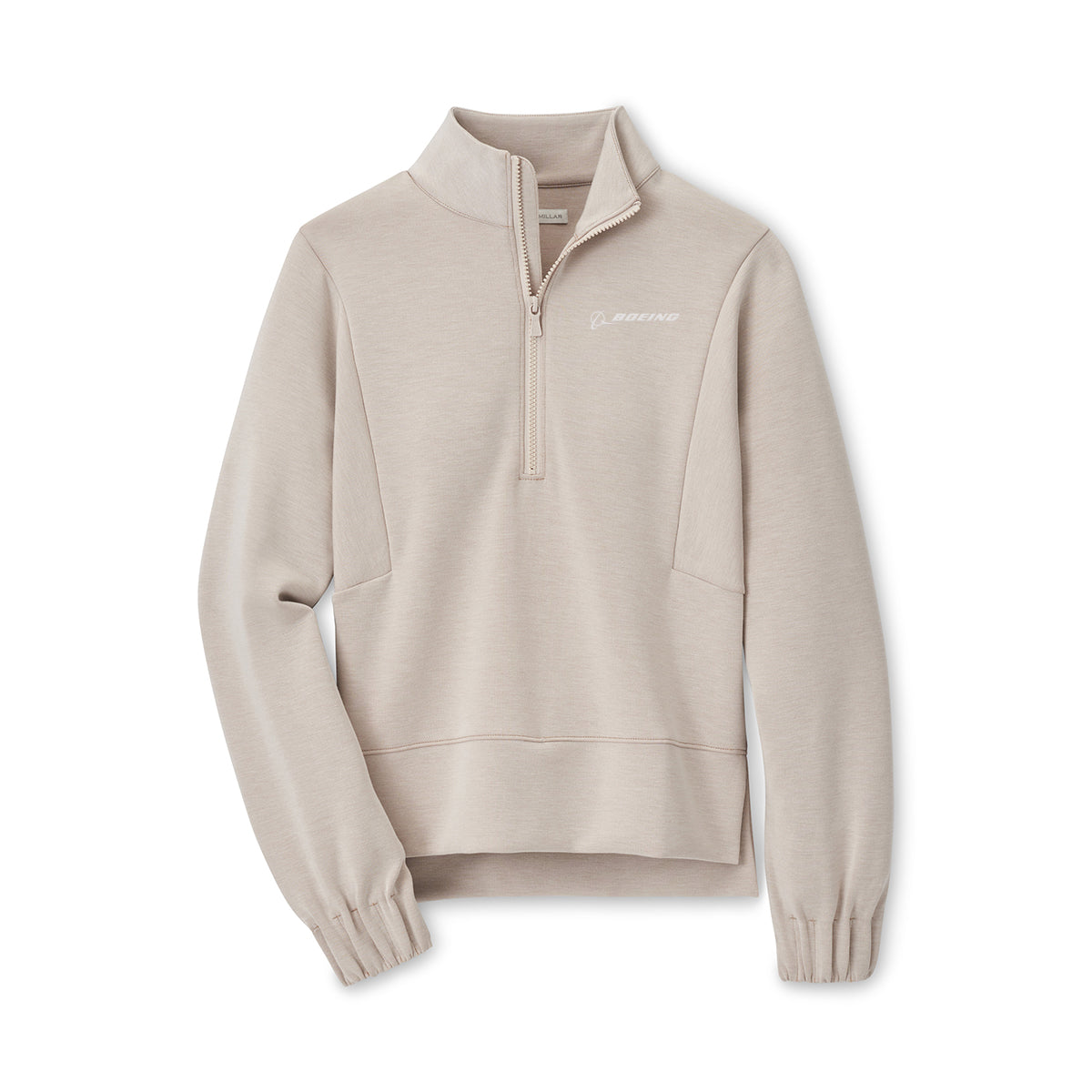 The Peter Millar Boeing Womens Flora Knit Mélange Half-Zip Pullover features long sleeves, elastic cuffs, a stand-up collar, and a white embroidered Boeing logo on the left chest. Shown laid flat on a white background.
