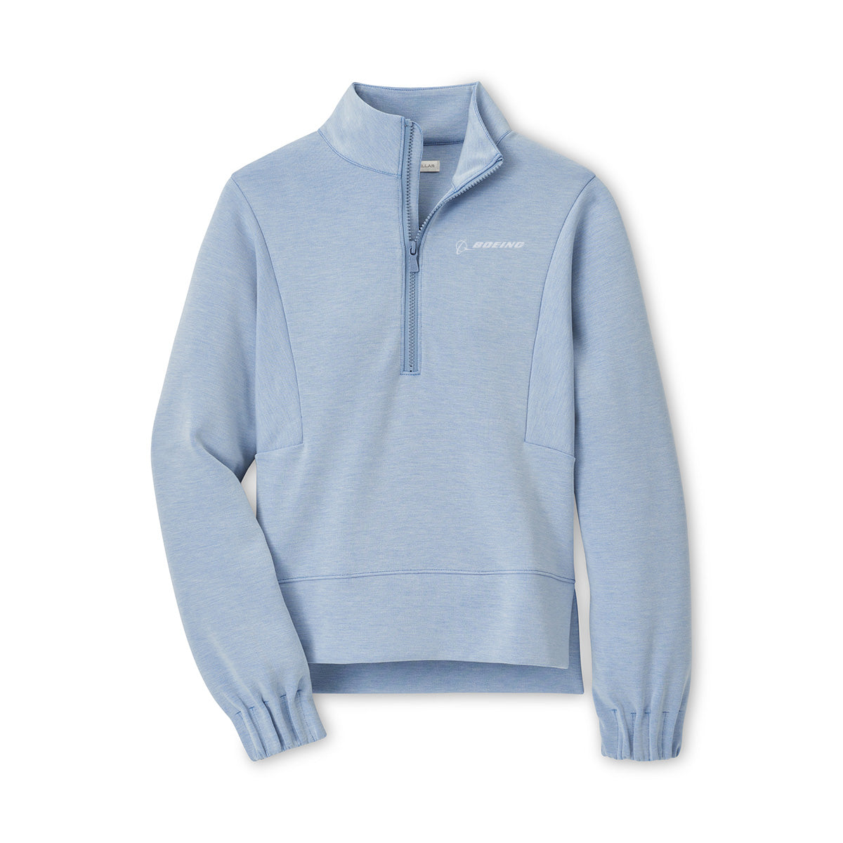 The Peter Millar Boeing Womens Flora Knit Mélange Half-Zip Pullover features long sleeves, elastic cuffs, a soft knit fabric, and a Boeing logo on the left chest in light blue with a slightly relaxed fit.