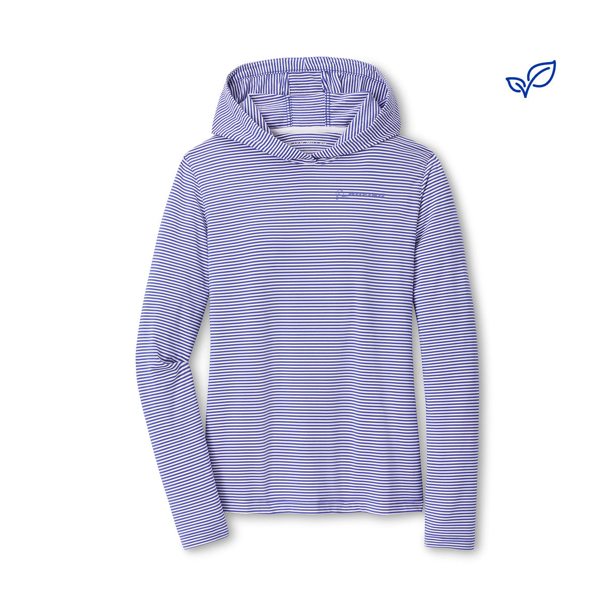 The Peter Millar Boeing Women’s Pine Vista Stripe Hoodie by BOEING, featuring blue and white stripes and soft stretch fabric, is shown flat on a white background with a small leaf-like icon in the upper right corner.