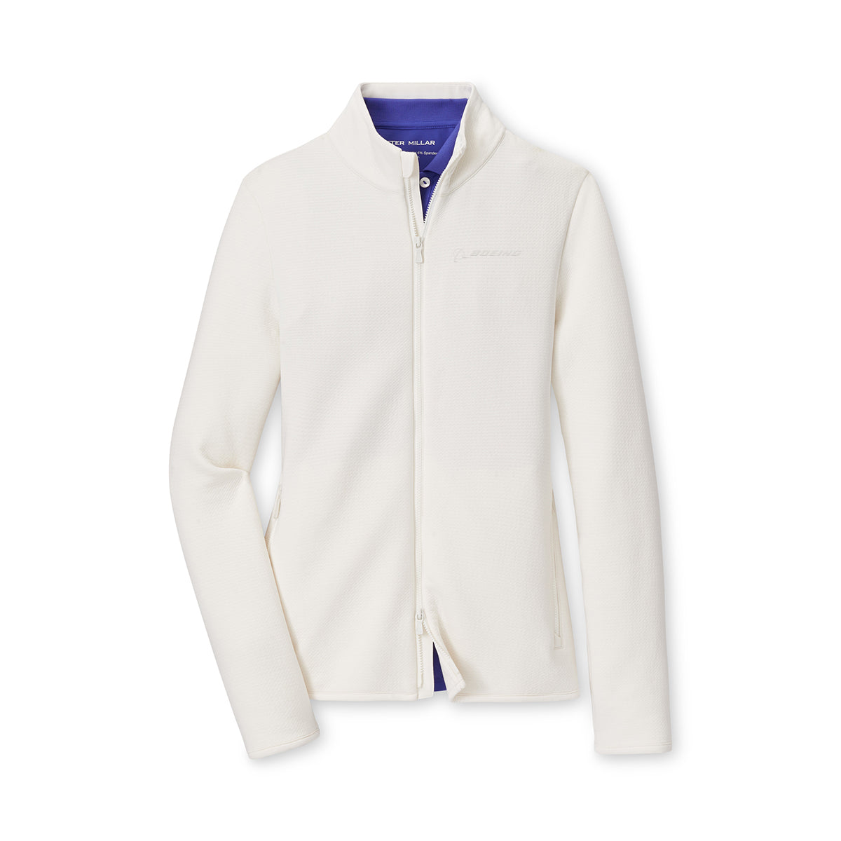 A women’s Peter Millar Boeing Lumi-Knit performance polo by BOEING, featuring classic fit, subtle logo detailing on the chest, short sleeves, and lightweight knit fabric for comfort.