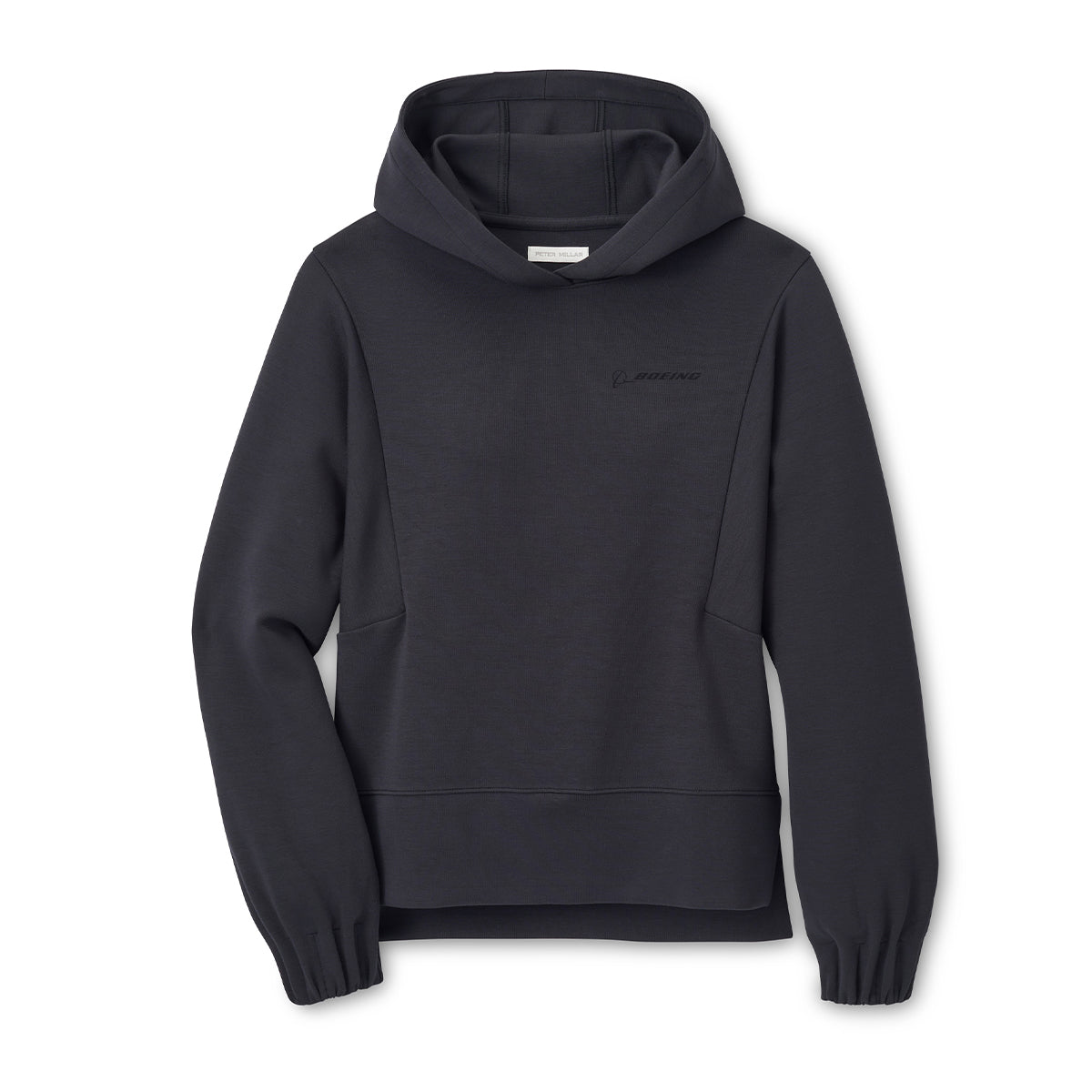 The Peter Millar Boeing Women’s Flora Knit Hoodie is a black stretch jersey hoodie with ribbed cuffs, a front pocket, and hood. It features a subtle Boeing logo on the left chest and is shown laid flat on a white background. Brand: BOEING.