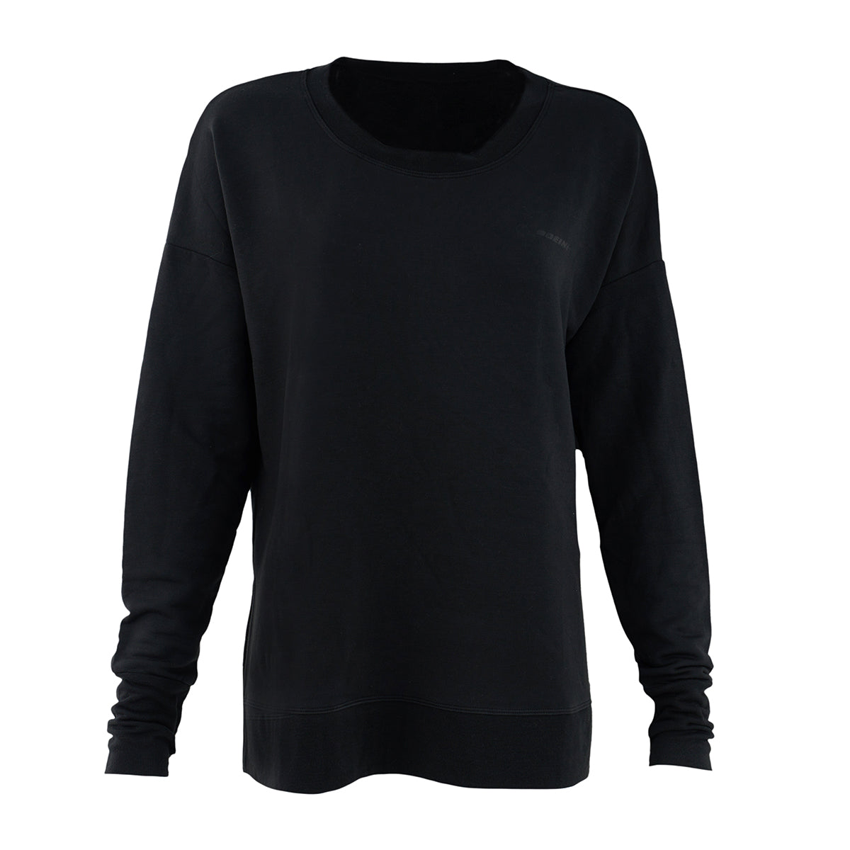 The BOEING Glyder Boeing Women’s Lounge Sweater, shown in plain black on a white background, features a relaxed fit with ribbed cuffs and hem for ultimate casual comfort.