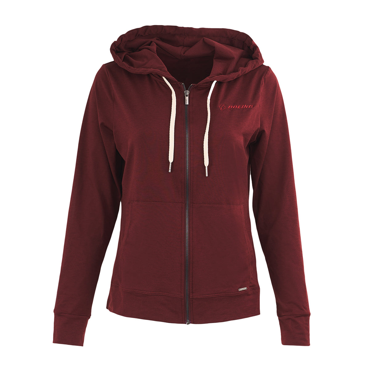 The Glyder Boeing Women’s On-The-Go Zip-Up Hoodie by BOEING features a maroon zip-up design with a hood, white drawstrings, front pockets, long sleeves, and the Boeing logo on the chest, displayed on a plain white background.