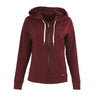 The Glyder Boeing Women’s On-The-Go Zip-Up Hoodie by BOEING features a maroon zip-up design with a hood, white drawstrings, front pockets, long sleeves, and the Boeing logo on the chest, displayed on a plain white background.