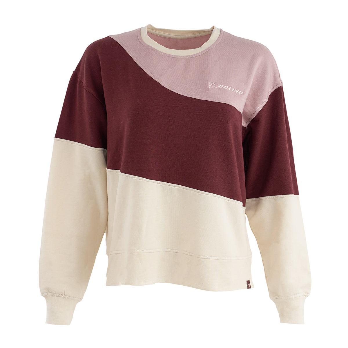 The Glyder Boeing Women’s Asymmetric Crewneck by BOEING features cream, maroon, and light pink color-blocked panels, soft ISOSOF fabric, a white Boeing logo on the chest, long sleeves, relaxed fit, and ribbed cuffs.