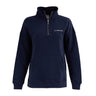 The Boeing Rosie Womens Quarter-Zip Pullover by BOEING is a navy blue, long-sleeve top with a sueded fleece feel, front pocket, quarter-zip collar, and an embroidered Boeing logo on the left chest.