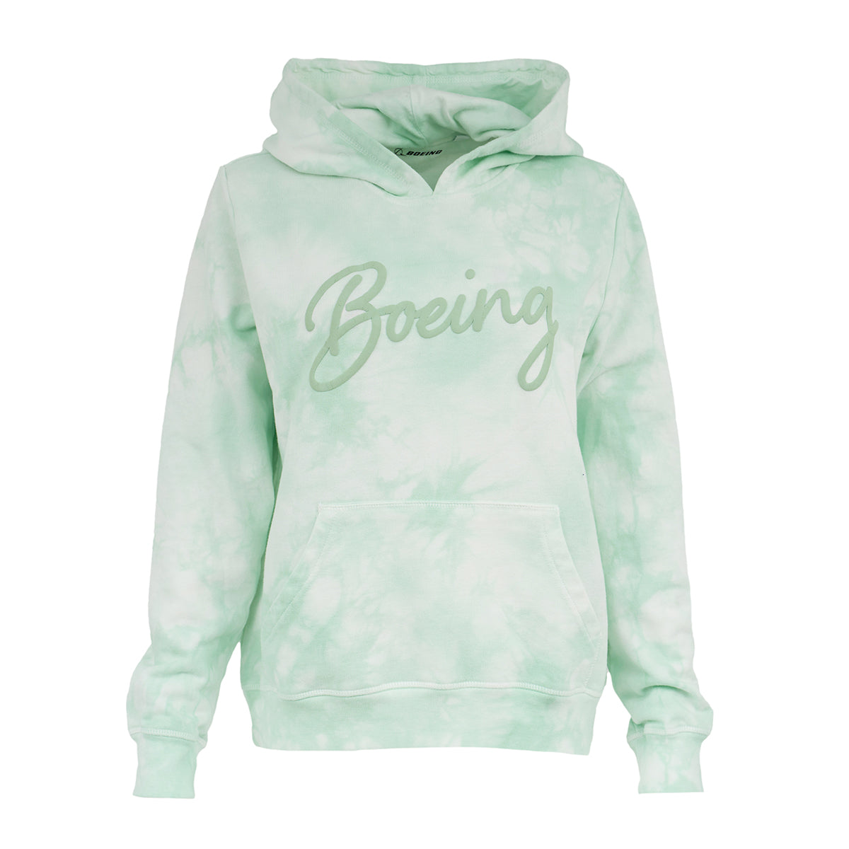 The Boeing Script Logo Womens Starburst Hoodie features a light green tie-dye design, front pocket, hood, and a large cursive Boeing logo across the chest for a soft, comfortable look.