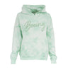 The Boeing Script Logo Womens Starburst Hoodie features a light green tie-dye design, front pocket, hood, and a large cursive Boeing logo across the chest for a soft, comfortable look.