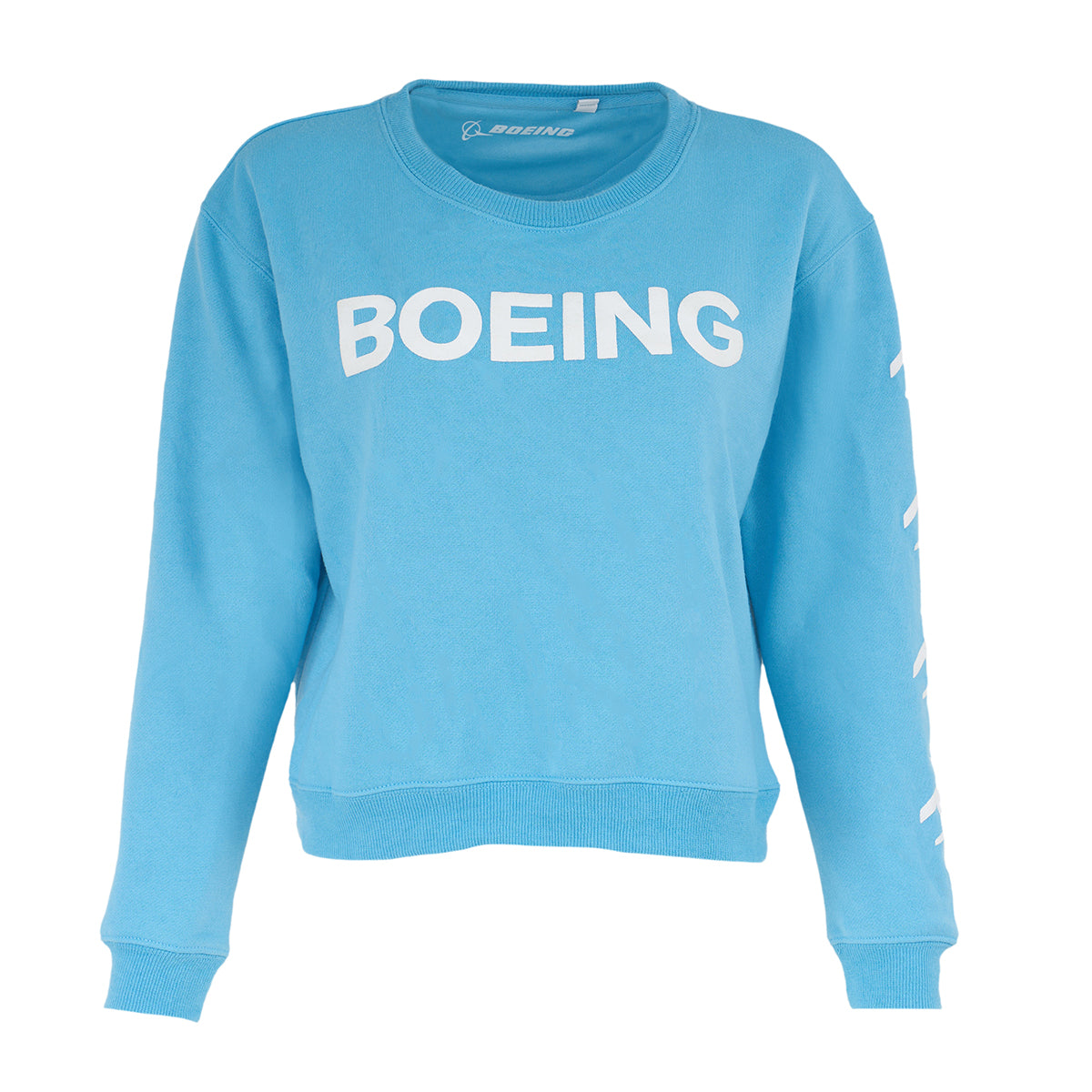 The Boeing Women's Crewneck Sweatshirt by BOEING features large white BOEING lettering on the chest, smaller white text on the left sleeve, and is made from soft cotton-polyester fleece for comfort.