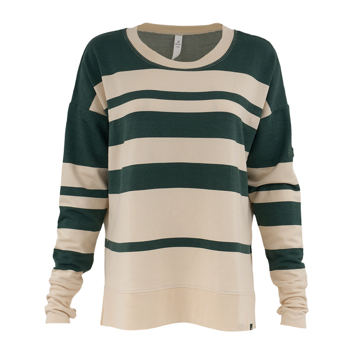 The BOEING Glyder Boeing Women’s Lounge Long-Sleeve is a crewneck sweatshirt with wide dark green and beige stripes, smaller sleeve stripes, and soft ISOSOF fabric, shown on a white background.