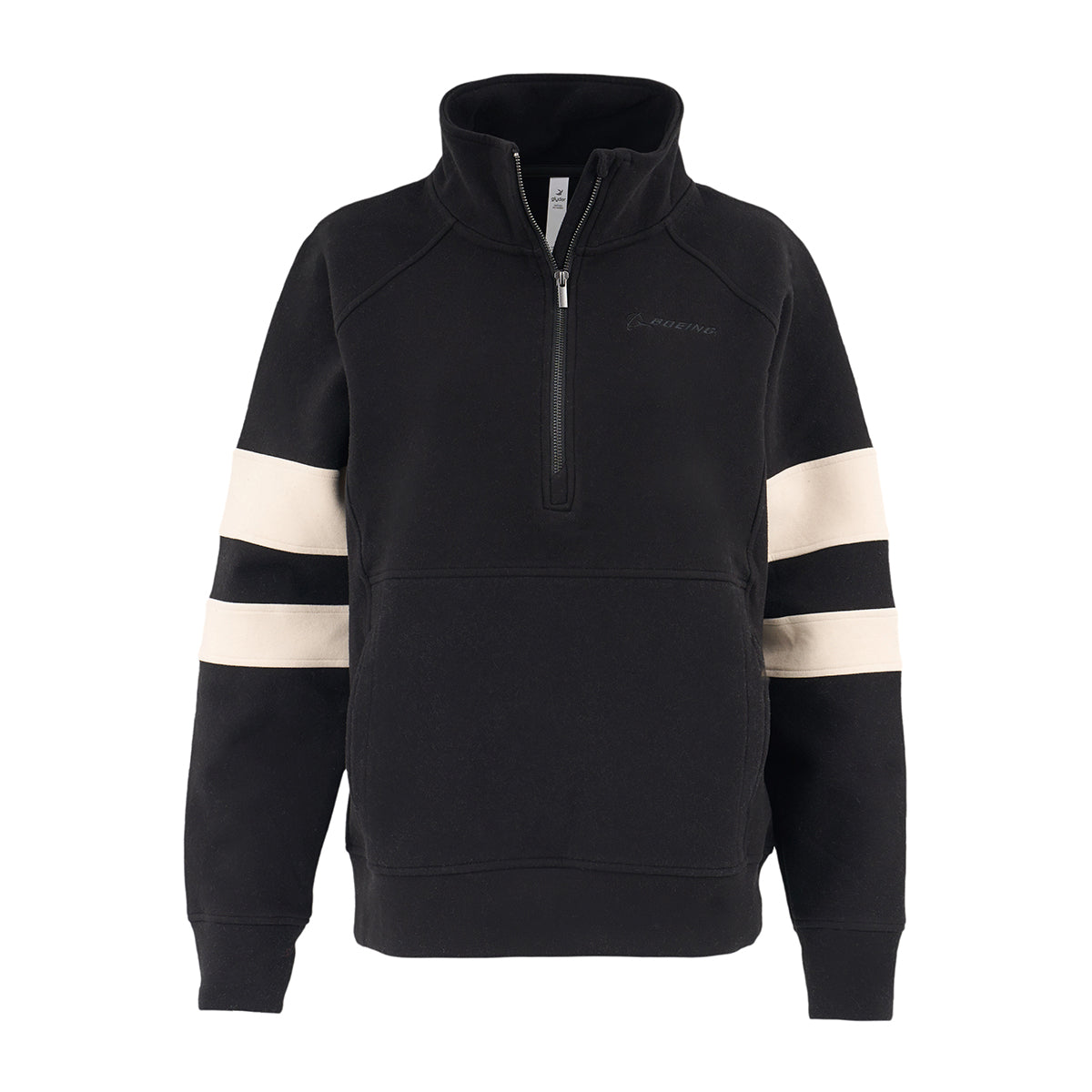 The Glyder Boeing Women’s Prodigious Scuba Quarter-Zip by BOEING is a black pullover with a high collar, two white stripes on each sleeve, a left chest logo, front pocket, and classic scuba-style details.