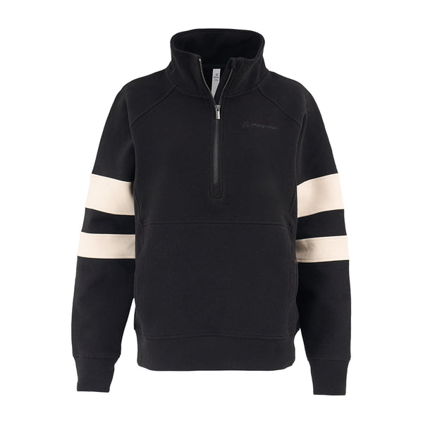 The Glyder Boeing Women’s Prodigious Scuba Quarter-Zip by BOEING is a black pullover with a high collar, two white stripes on each sleeve, a left chest logo, front pocket, and classic scuba-style details.