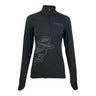 The Boeing Phantom Works 2025 Women’s Quarter-Zip by BOEING features a long-sleeve dark green design, "PHANTOM WORKS" chest text, and a stylized military aviation-inspired figure in a hat and mask on the front.