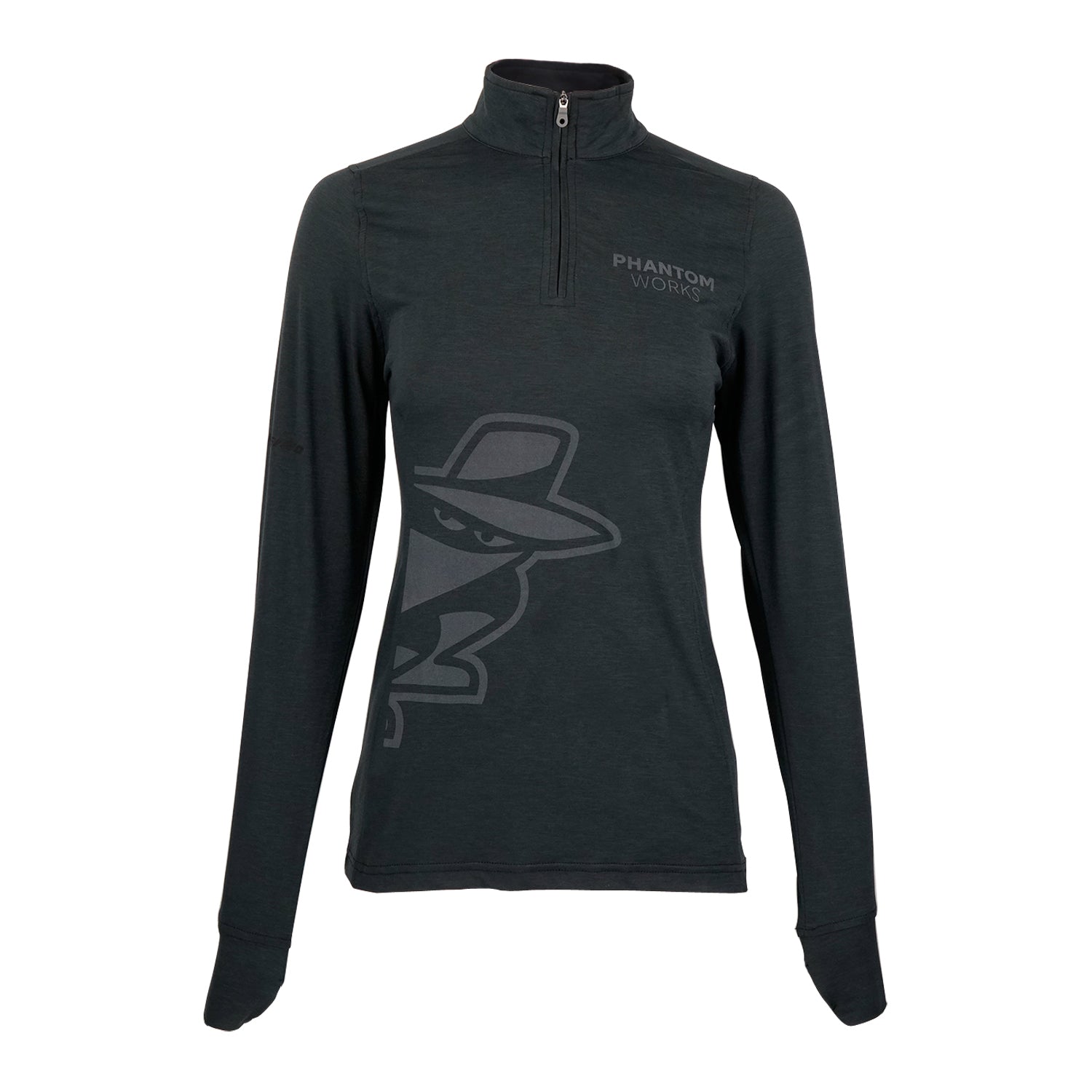 The Boeing Phantom Works 2025 Women’s Quarter-Zip by BOEING features a long-sleeve dark green design, "PHANTOM WORKS" chest text, and a stylized military aviation-inspired figure in a hat and mask on the front.