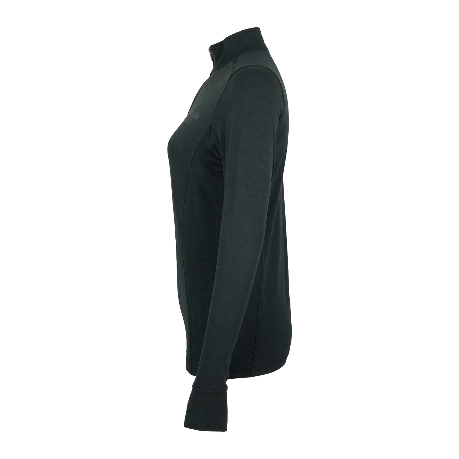 The Boeing Phantom Works 2025 Women’s Quarter-Zip by BOEING is a fitted, dark long-sleeve mock neck inspired by military aviation, featuring thumb holes at the cuffs for comfort and shown side view on a white background.