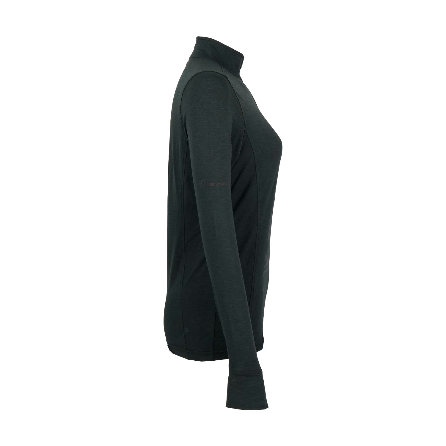 The BOEING Phantom Works 2025 Women’s Quarter-Zip is a dark green, long-sleeve, high-neck shirt inspired by military aviation, shown from the side on a mannequin or flat surface against a plain white background.