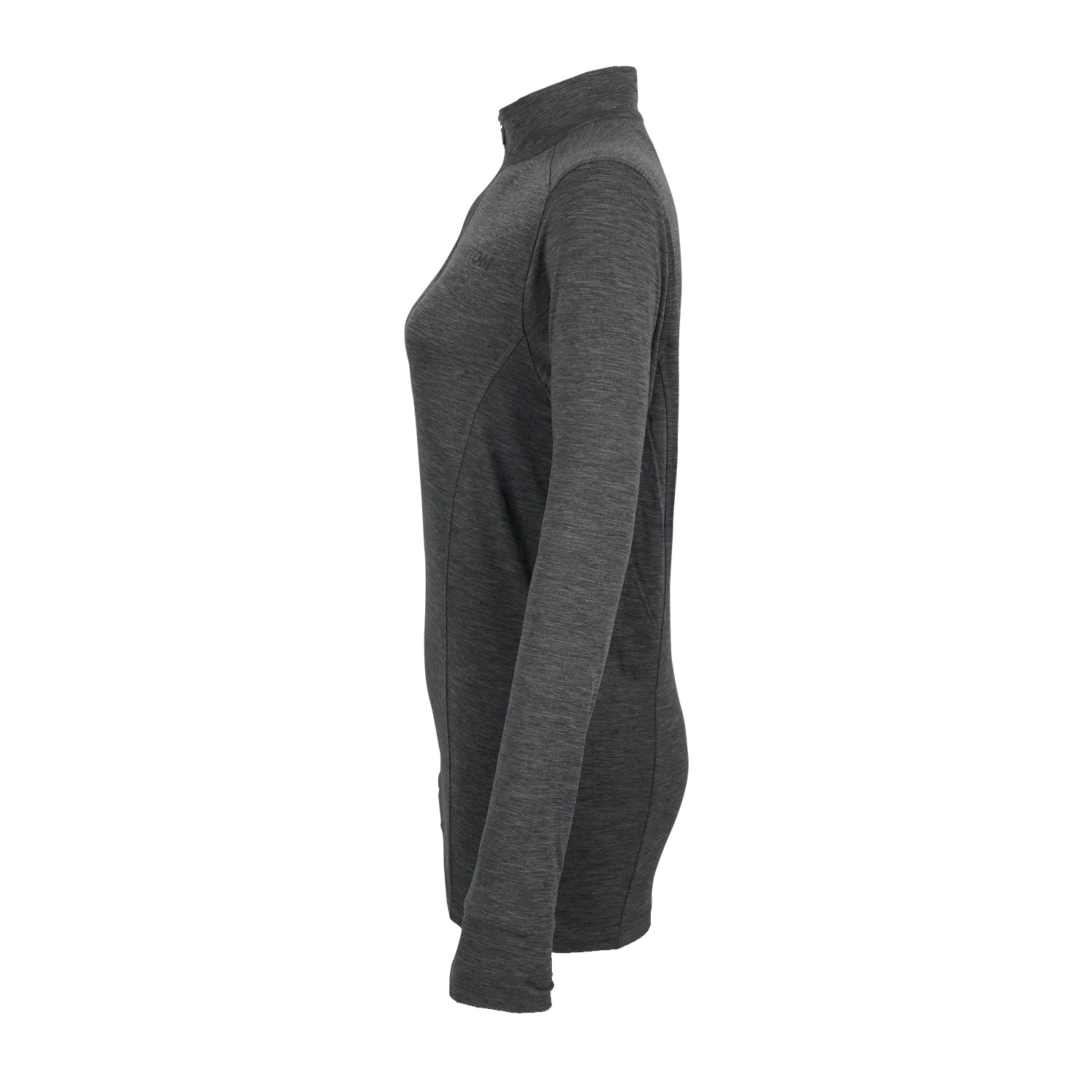 Side view of the BOEING Phantom Works 2025 Women’s Quarter-Zip, a dark gray, fitted long-sleeve top displayed on a white background, inspired by aerospace innovation and sleek design.