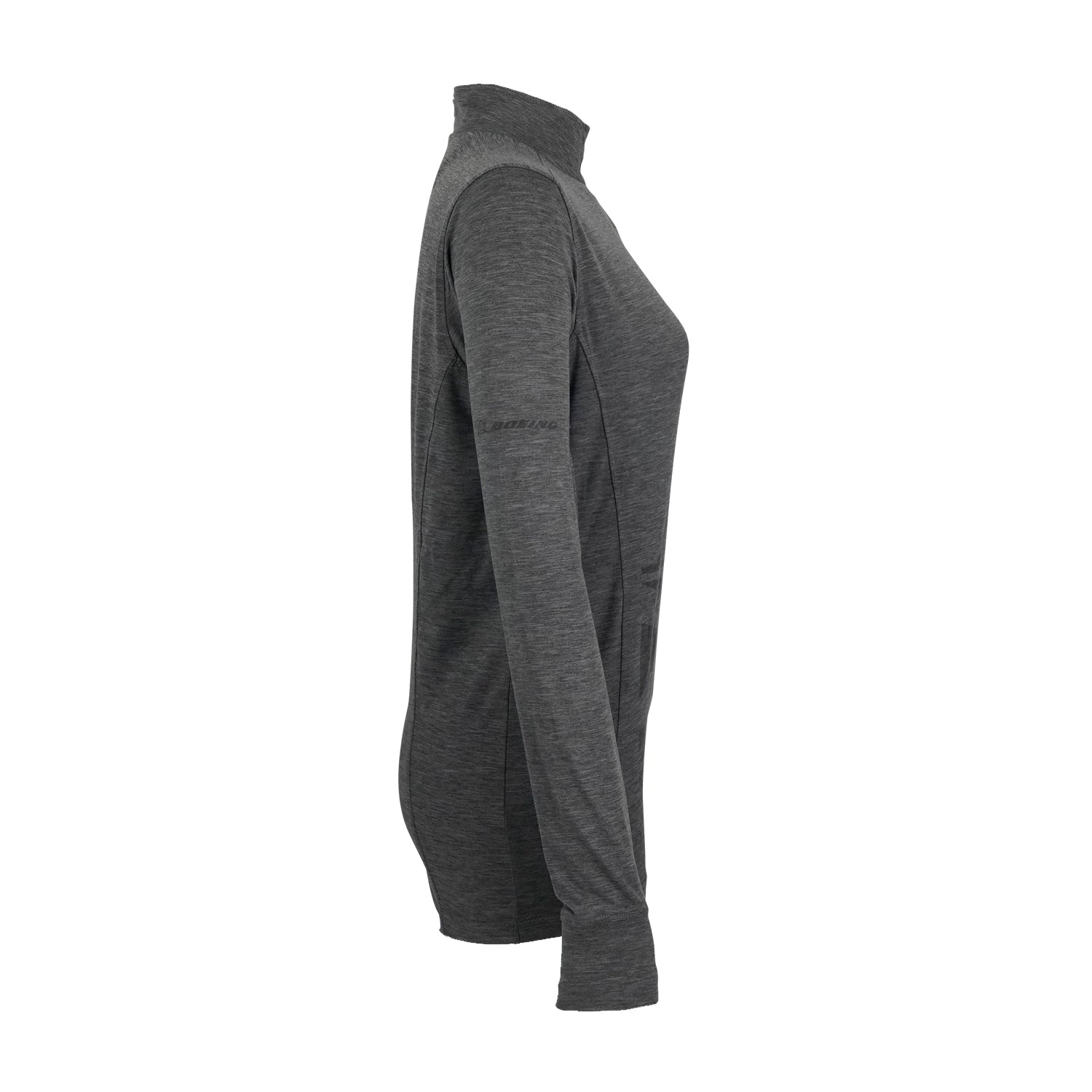 The Boeing Phantom Works 2025 Women’s Quarter-Zip by BOEING is shown from the side against a white background. This fitted, long-sleeve, dark gray mock-neck shirt offers advanced comfort and aerospace-inspired style with soft, stretchy fabric.