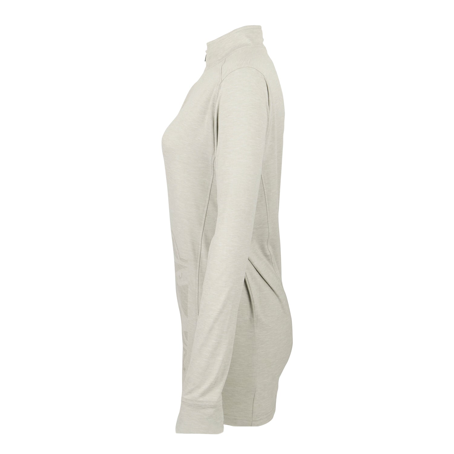 The Boeing Phantom Works 2025 Women’s Quarter-Zip by BOEING, shown in light gray from the side on an invisible mannequin against a white background, features sleek lines inspired by military aviation design.