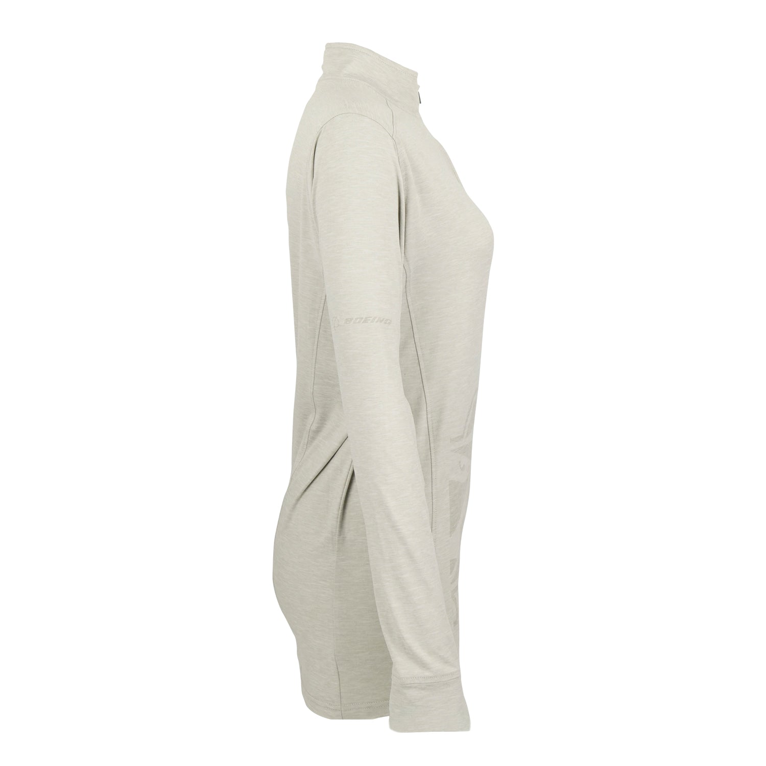 Side view of the Boeing Phantom Works 2025 Women’s Quarter-Zip by BOEING in light gray, shown on a white background. Inspired by aerospace tech, this soft, stretchy top offers a slim fit and modern high-collar design.