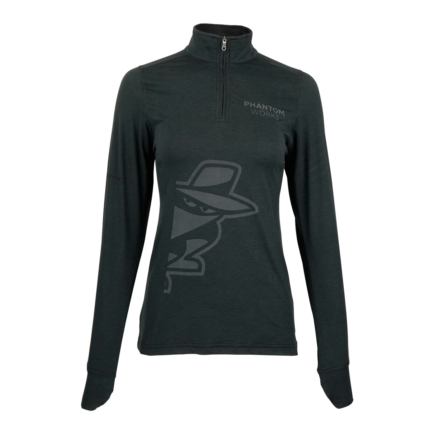 The Boeing Phantom Works 2025 Women’s Quarter-Zip by BOEING features a long-sleeve dark green design, "PHANTOM WORKS" chest text, and a stylized military aviation-inspired figure in a hat and mask on the front.