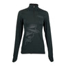 The Boeing Phantom Works 2025 Women’s Quarter-Zip by BOEING features a long-sleeve dark green design, "PHANTOM WORKS" chest text, and a stylized military aviation-inspired figure in a hat and mask on the front.