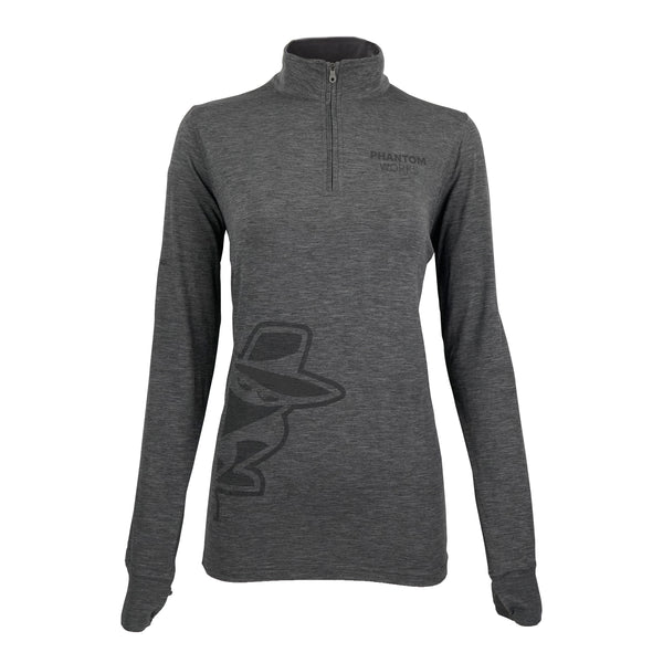 The Boeing Phantom Works 2025 Women’s Quarter-Zip by BOEING features long sleeves, a dark gray color, a subtle graphic of a mysterious figure in a hat, and PHANTOM WILD text on the left chest, inspired by Phantom Works innovation.
