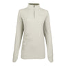 The Boeing Phantom Works 2025 Women’s Quarter-Zip by BOEING is a light gray, long-sleeve pullover with a stand-up collar, subtle branding, and a faint front graphic inspired by military aviation.